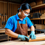 A skilled Vietnamese woodworker, male, wearing a modest work apron, safety glasses, and durable work gloves, carefully inspecting the sharpened blade of a traditional hand plane in a well-organized, brightly lit woodworking workshop. The worker is standing in a natural pose, fully clothed, appropriate attire, safe for work, perfect anatomy, correct proportions, professional photography, high quality, well-formed hands, proper finger count, natural body proportions, family-friendly content.