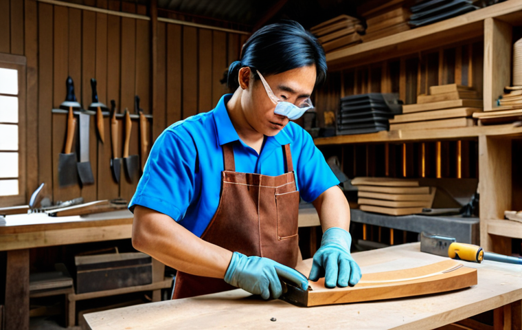 A skilled Vietnamese woodworker, male, wearing a modest work apron, safety glasses, and durable work gloves, carefully inspecting the sharpened blade of a traditional hand plane in a well-organized, brightly lit woodworking workshop. The worker is standing in a natural pose, fully clothed, appropriate attire, safe for work, perfect anatomy, correct proportions, professional photography, high quality, well-formed hands, proper finger count, natural body proportions, family-friendly content.