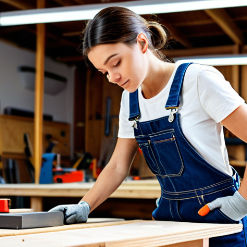 Home 24 ** A professional female carpenter, fully clothed in overalls and a tool belt, working on a detailed woodworking project in a bright, organized workshop. Safe for work, appropriate attire, professional setting, perfect anatomy, natural pose, well-lit, high-quality image.
**