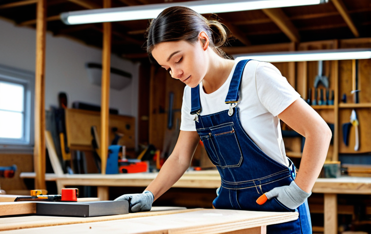 ** A professional female carpenter, fully clothed in overalls and a tool belt, working on a detailed woodworking project in a bright, organized workshop. Safe for work, appropriate attire, professional setting, perfect anatomy, natural pose, well-lit, high-quality image.
**