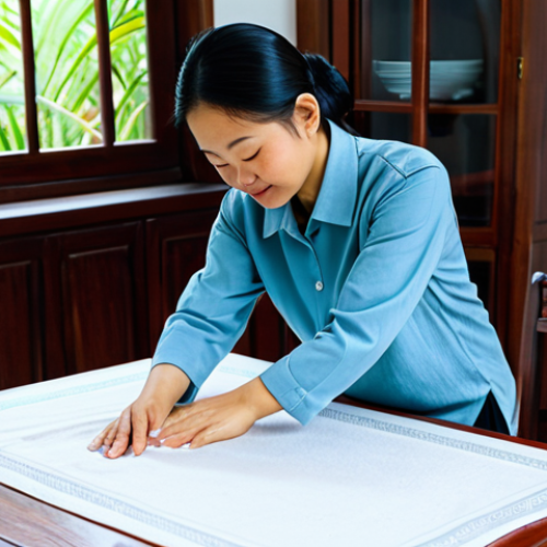 Home 12 Cleaning Wooden Furniture**
A woman in comfortable, modest clothing carefully cleaning a wooden table with a soft cloth in a bright, airy Vietnamese home. The table is made of dark wood and has intricate carvings. Focus on the details of the wood grain and cleaning process. Safe for work, appropriate content, fully clothed, professional, perfect anatomy, natural pose, high quality.
**