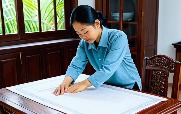Cleaning Wooden Furniture**
A woman in comfortable, modest clothing carefully cleaning a wooden table with a soft cloth in a bright, airy Vietnamese home. The table is made of dark wood and has intricate carvings. Focus on the details of the wood grain and cleaning process. Safe for work, appropriate content, fully clothed, professional, perfect anatomy, natural pose, high quality.
**