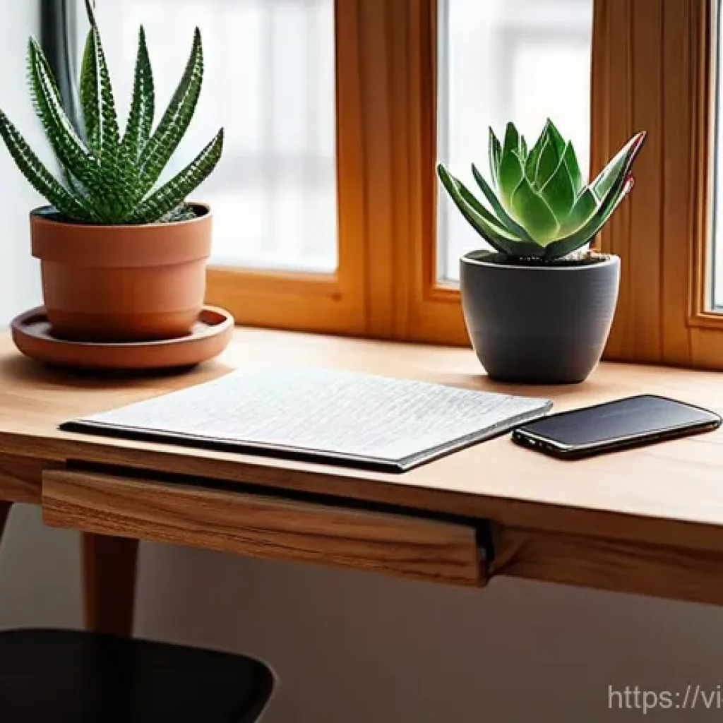 목공예 소품 제작 아이디어 - **Prompt:** A beautifully arranged, cozy home office desk bathed in soft, natural light filtering th...