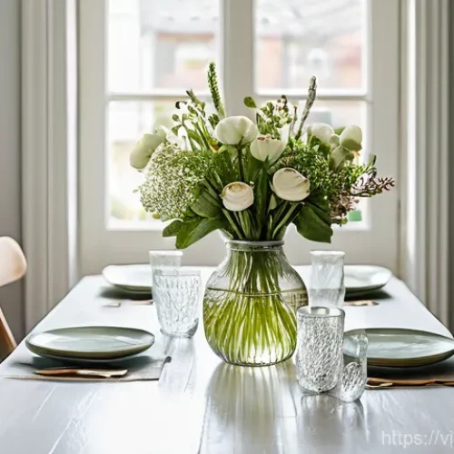 가구 리폼 DIY - A beautifully upcycled dining table in a cozy, brightly lit kitchen. The tabletop is a smooth, prist...