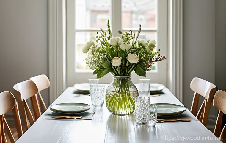 가구 리폼 DIY - A beautifully upcycled dining table in a cozy, brightly lit kitchen. The tabletop is a smooth, prist...