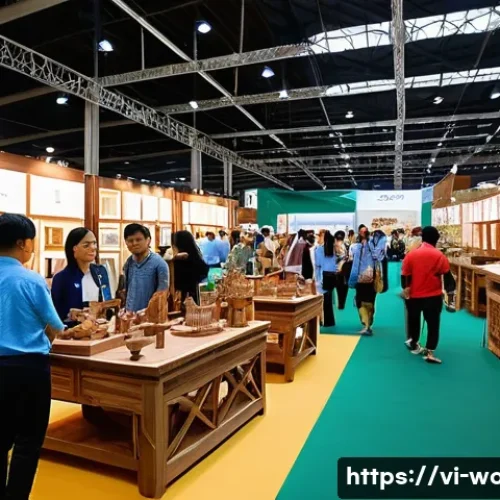 목공예 박람회 및 전시회 정보 - A vibrant, wide-angle shot of a bustling Vietnamese woodworking and handicraft exhibition, reminisce...