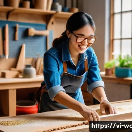 목공예 교육기관 및 학원 추천 - **Prompt:** A vibrant, well-lit woodworking studio with a young Vietnamese woman, around 20-25 years...