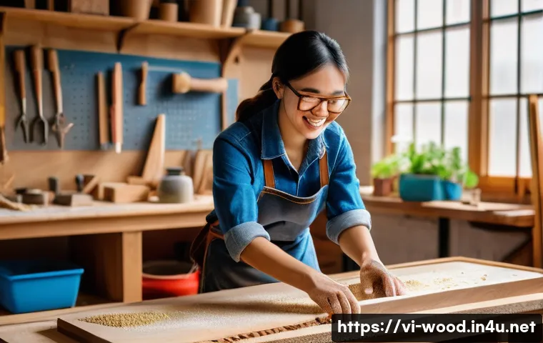 목공예 교육기관 및 학원 추천 - **Prompt:** A vibrant, well-lit woodworking studio with a young Vietnamese woman, around 20-25 years...