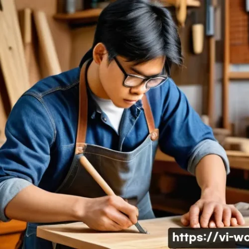목공예 전문 서적 및 자료 - A focused young Vietnamese woodworker, wearing a sturdy work apron, jeans, and safety glasses, metic...