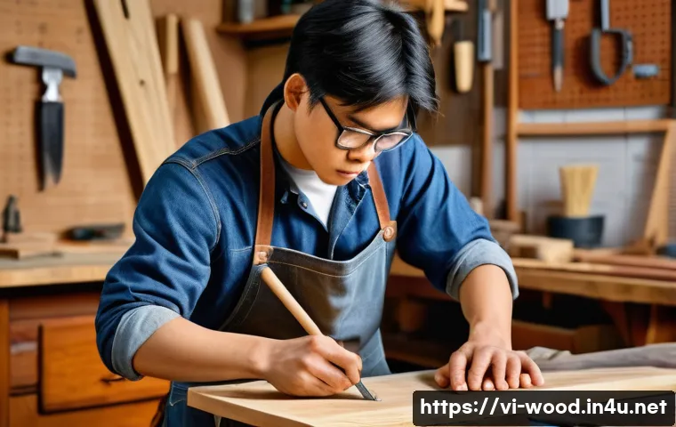 목공예 전문 서적 및 자료 - A focused young Vietnamese woodworker, wearing a sturdy work apron, jeans, and safety glasses, metic...