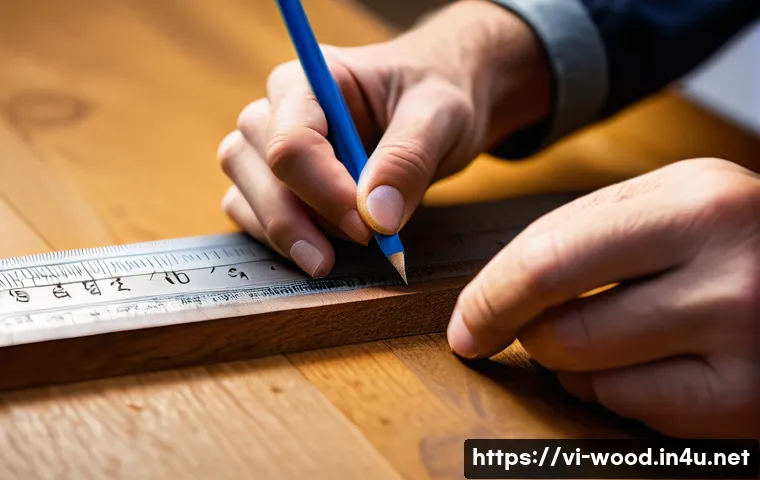 도브테일 조인트 만들기 - A detailed close-up image of a skilled craftsman measuring and marking precise dovetail joints on hi...
