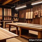 Home 20 목재 재단 서비스 이용 팁 - A detailed workshop scene showcasing various types of popular wood planks including oak, pine, teak,...