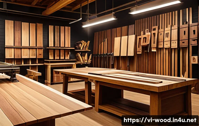 목재 재단 서비스 이용 팁 - A detailed workshop scene showcasing various types of popular wood planks including oak, pine, teak,...