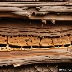 Home 19 목재 방부 처리 방법 - A detailed cross-sectional view of tropical hardwood affected by termite infestation in a humid Viet...