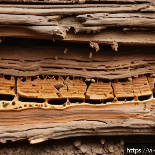 Home 31 목재 방부 처리 방법 - A detailed cross-sectional view of tropical hardwood affected by termite infestation in a humid Viet...