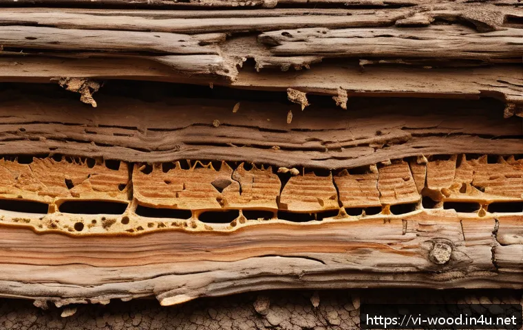 목재 방부 처리 방법 - A detailed cross-sectional view of tropical hardwood affected by termite infestation in a humid Viet...