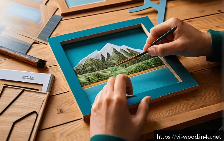 목재 DIY 키트 추천 - A cozy indoor workshop scene featuring a beginner’s wooden DIY photo frame kit made from MDF wood, w...