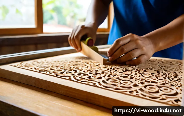 Home 17 스크롤쏘로 섬세한 조각 만들기 - Photorealistic close-up of a Vietnamese craftsperson using a scroll saw to cut an intricate floral p...