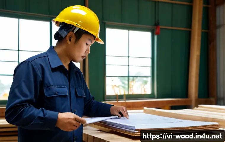 Home 17 국내 목재 법규 및 규정 - Photorealistic Vietnamese timber compliance inspection scene inside a clean modern woodworking works...